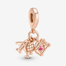 Reise Charm Anhänger ✈ Reiseschmuck Flugzeug Globus Koffer Rosé von Pandora