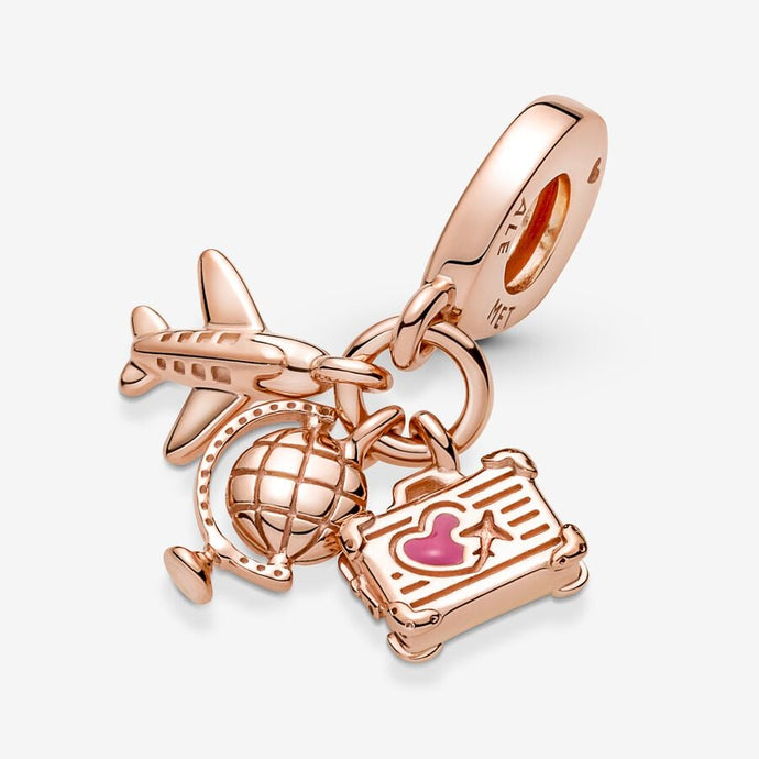 Reise Charm Anhänger ✈ Reiseschmuck Flugzeug Globus Koffer Rosé von Pandora